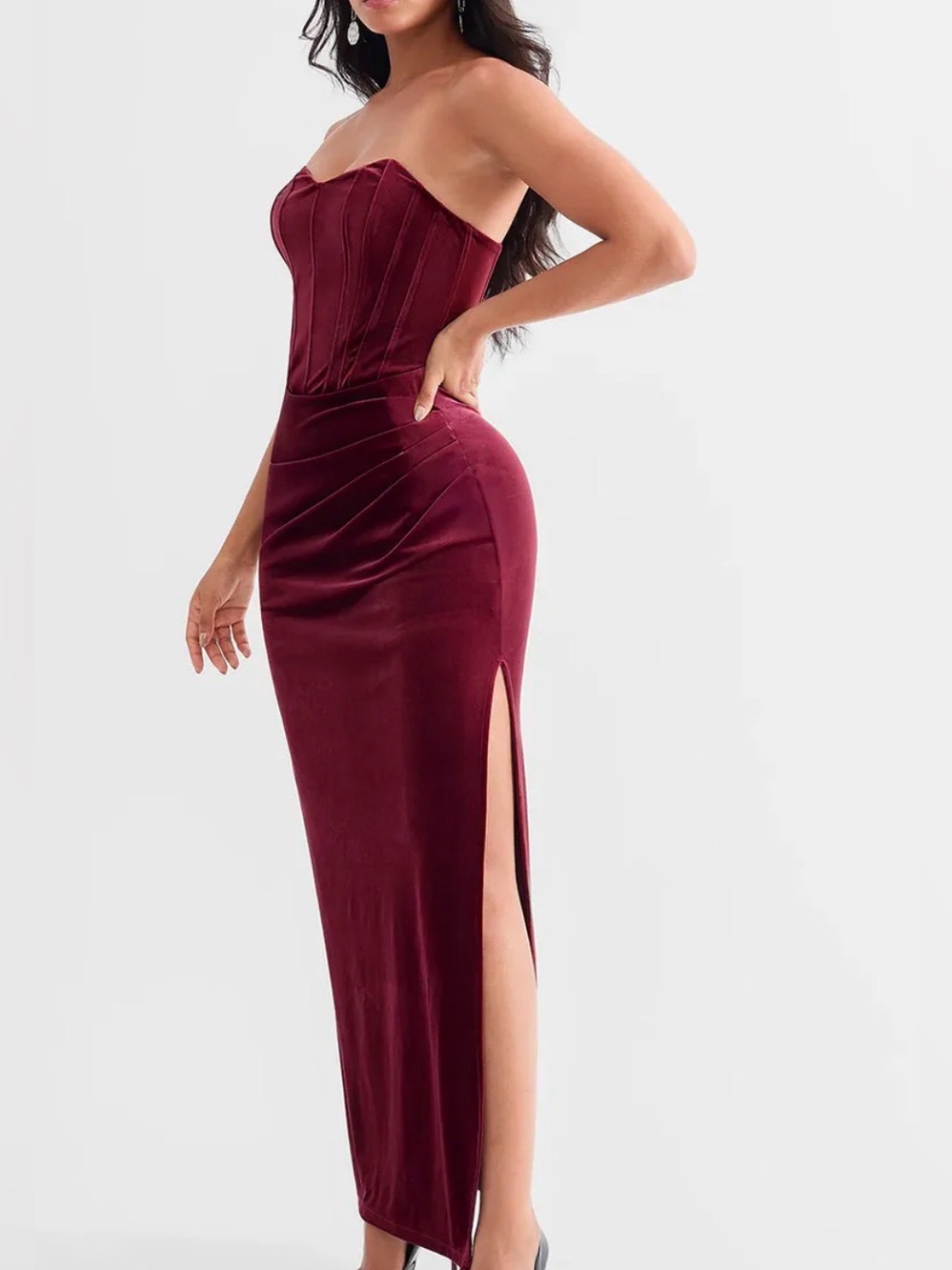 popilush Strapless Burgundy Velvet Corset Maxi Dress size Large , new with tags